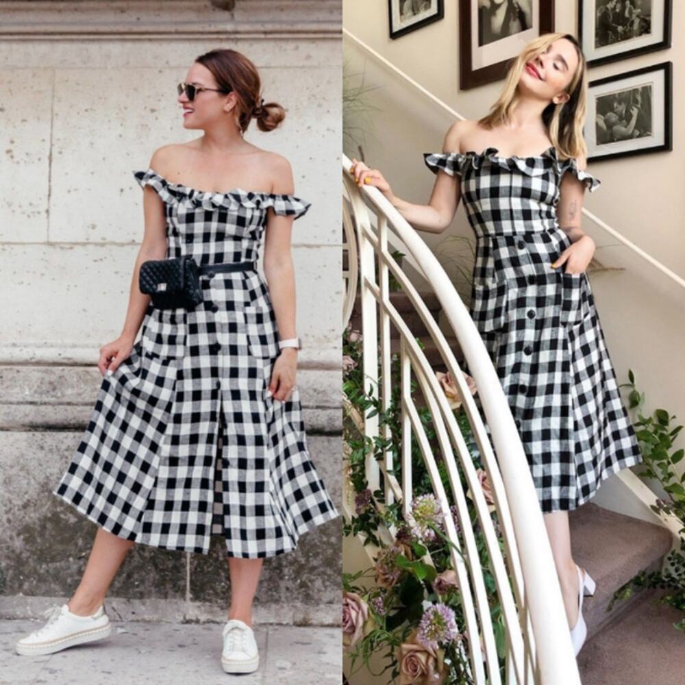 Reformation Hattie Off‎ Shoulder Linen Midi Dress US 0 Gingham Europe Vacation